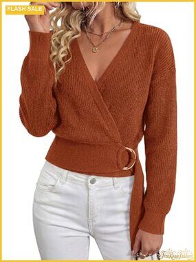 Women's Long Sleeve V-Neck Belted Chunky Knit Sweater with Buckle, Fall Winter